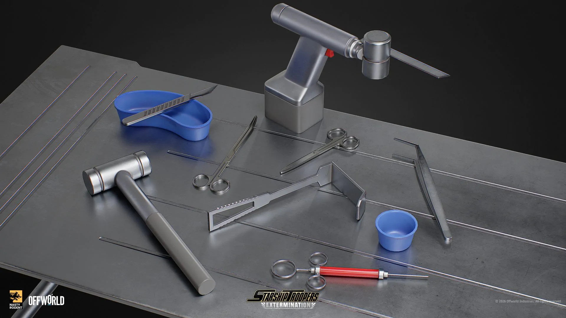 3D asset set of surgical instruments: forceps, scalpel, bone drill, and trays