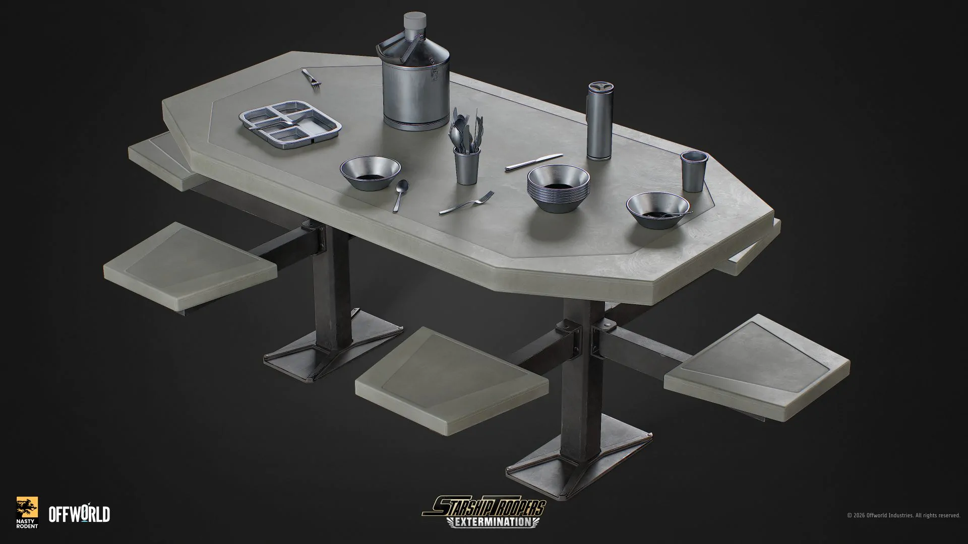 3D model of a mess hall table with integrated seats and mess kits