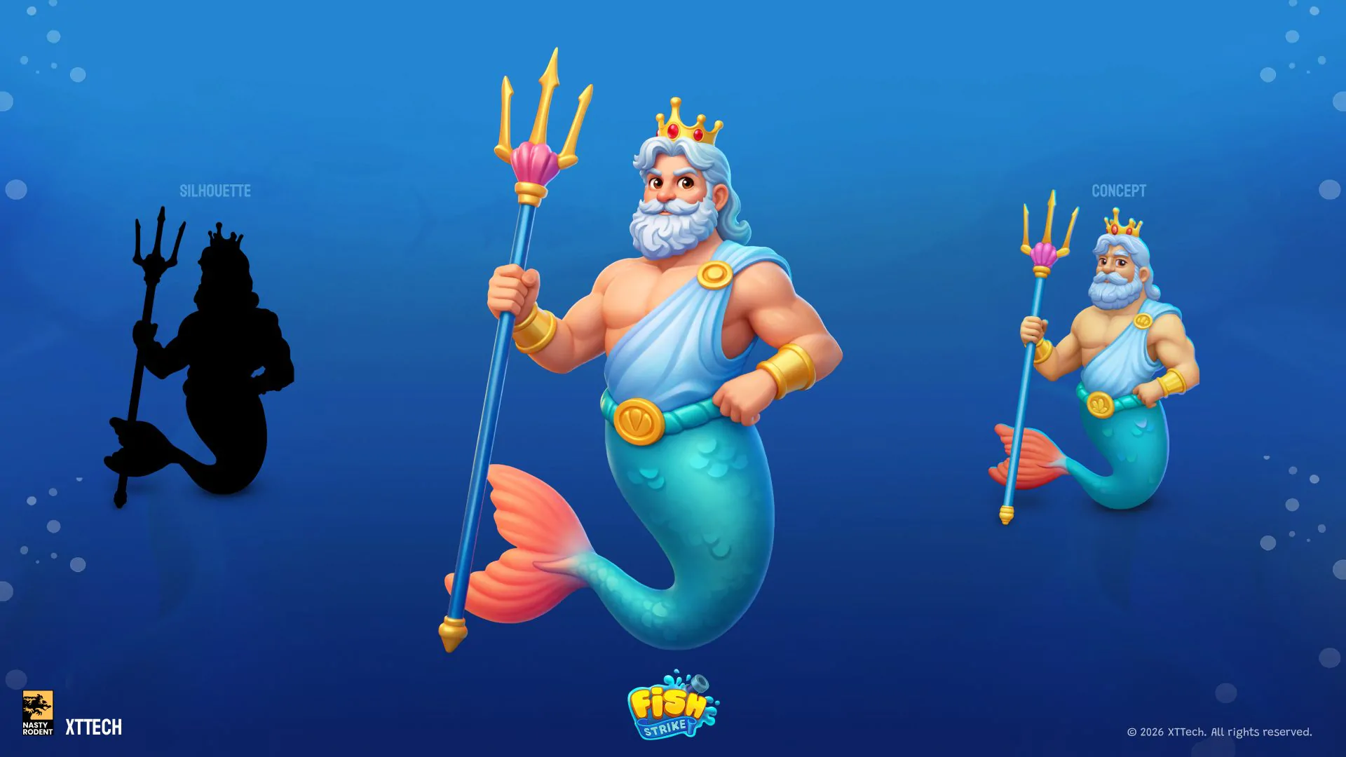 Stylized character concept art of Poseidon with a trident and gold crown