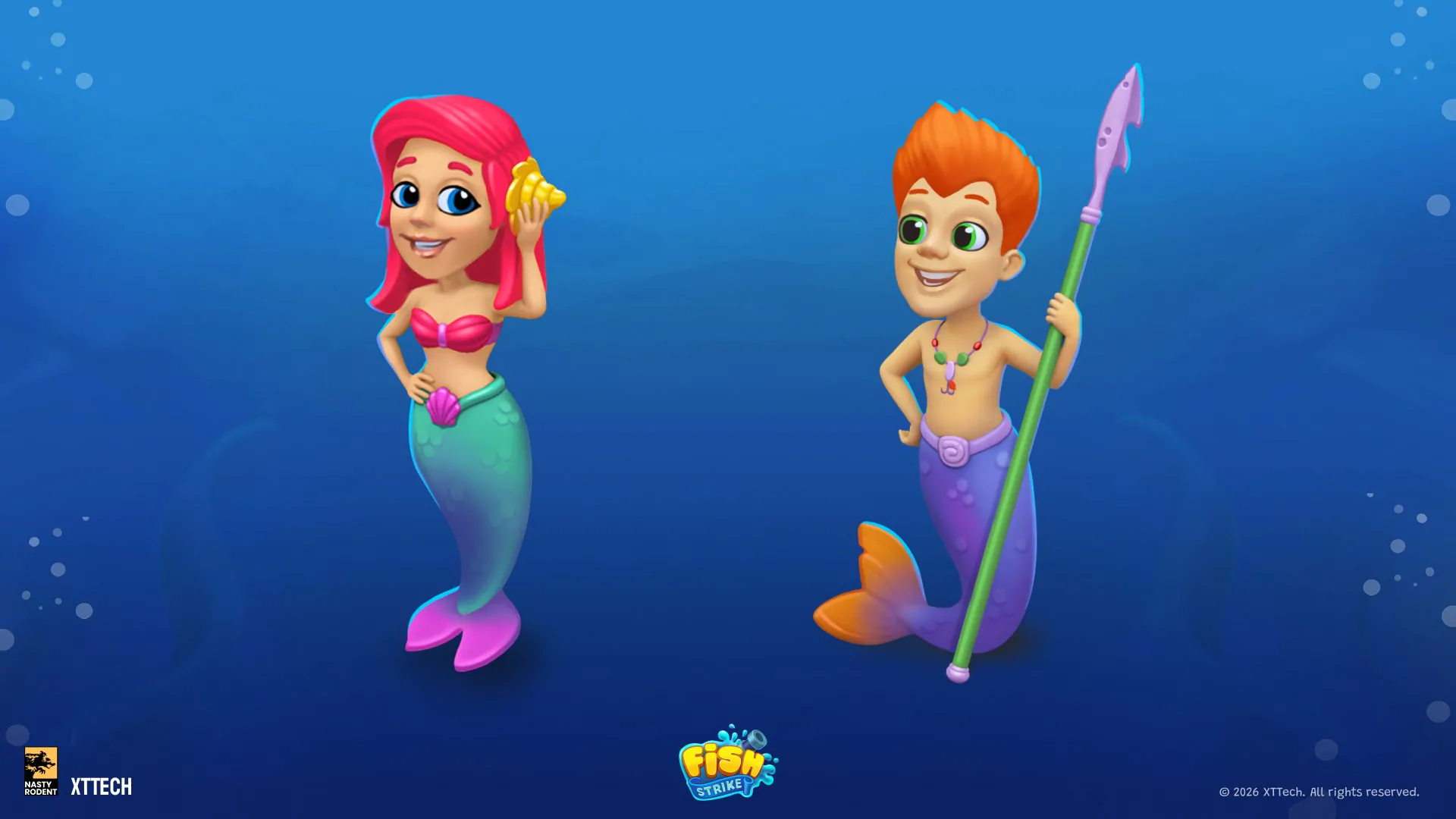 Stylized character assets of a mermaid with a shell and a merman with a spear