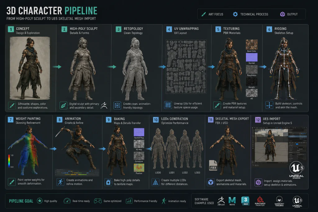 3D character pipeline stages diagram — from high-poly sculpt to UE5 skeletal mesh import