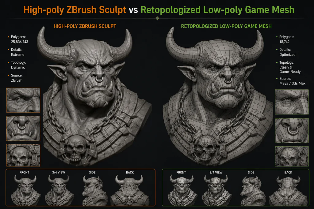 High-poly ZBrush sculpt vs retopologized low-poly game mesh comparison
