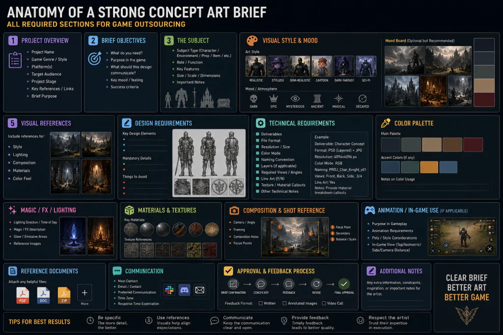 Anatomy of a strong concept art brief for game outsourcing — all required sections