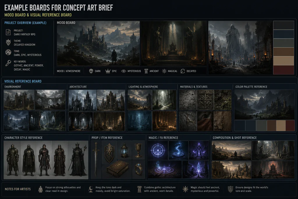 Example mood board and visual reference board for concept art brief