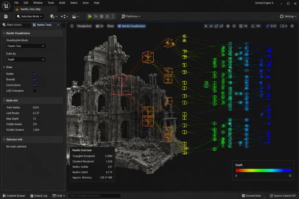 Nanite virtualized geometry cluster tree visualization in Unreal Engine 5 editor
