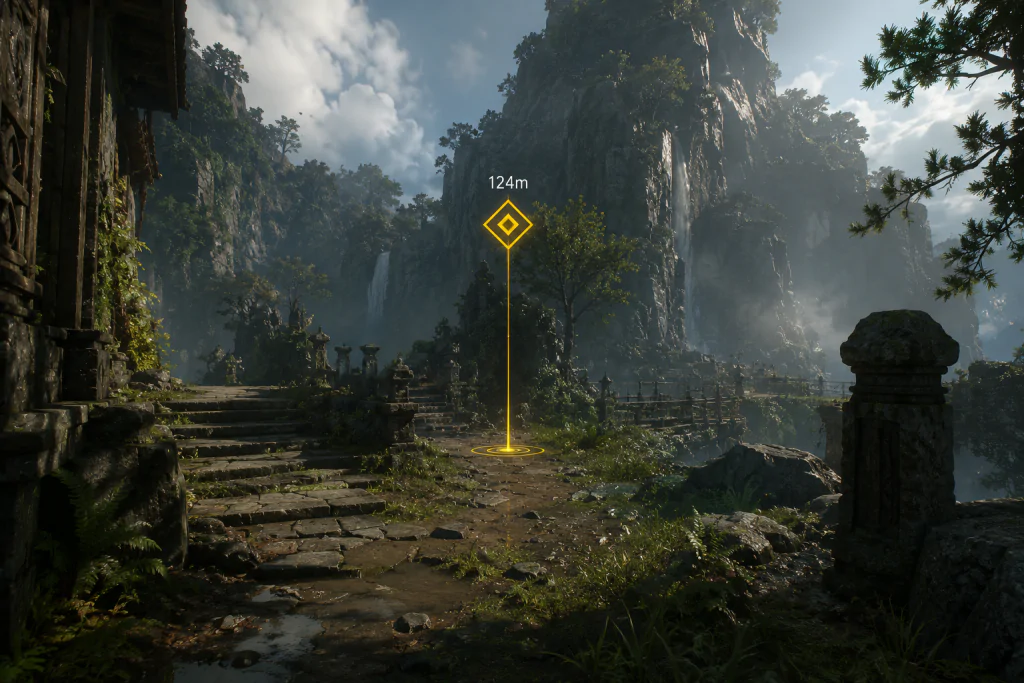 Spatial UI waypoint marker floating in 3D game world without character awareness