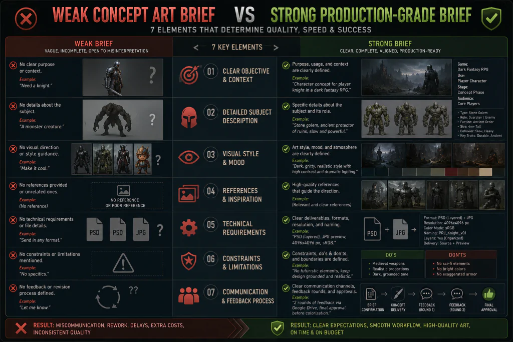 Comparison infographic: weak concept art brief vs strong production-grade brief — seven elements