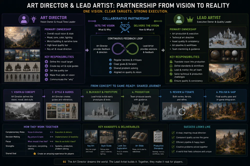 Art director and lead artist working relationship — visual target ownership and production execution