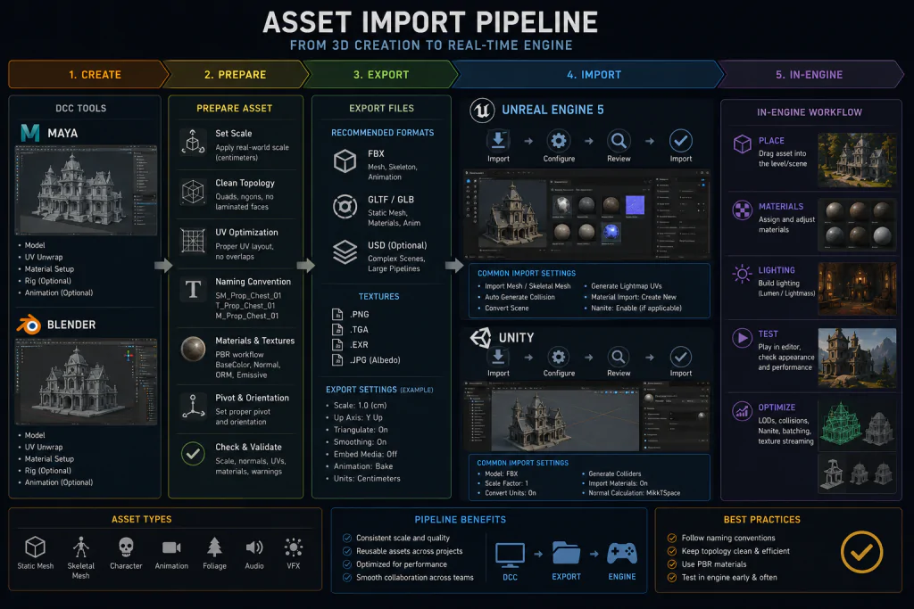 Asset import pipeline diagram — Maya and Blender to Unreal Engine 5 and Unity workflow overview