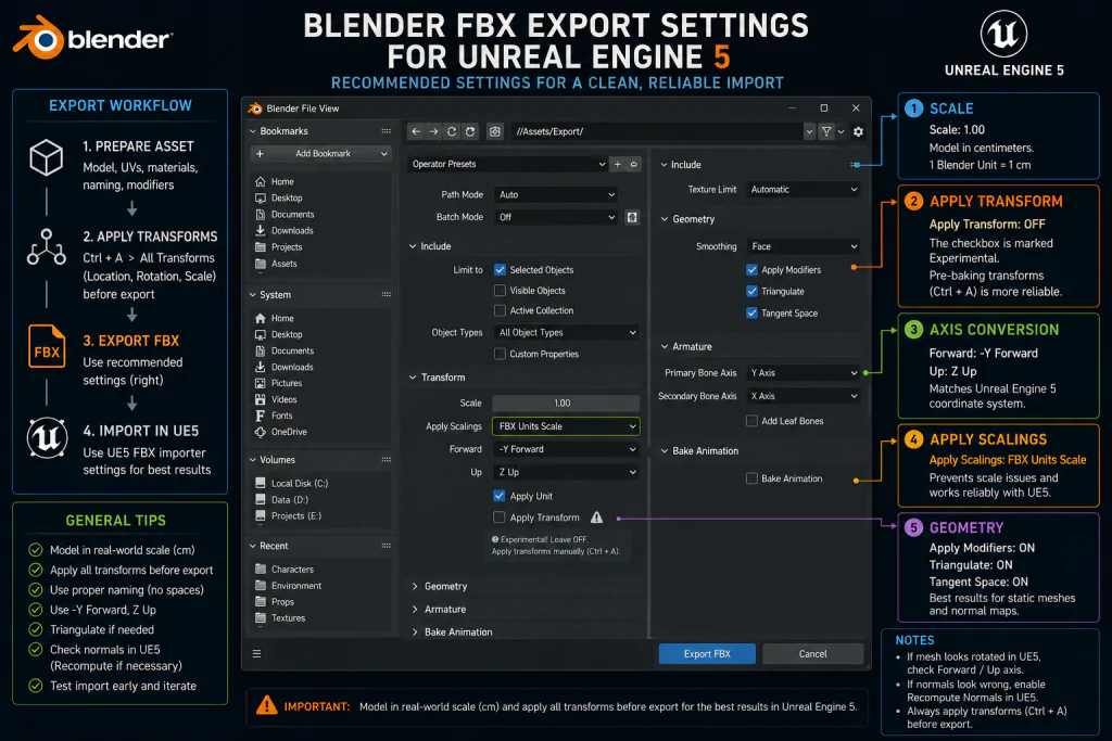 Blender FBX export settings for Unreal Engine 5 — scale factor, axis conversion, and apply transforms