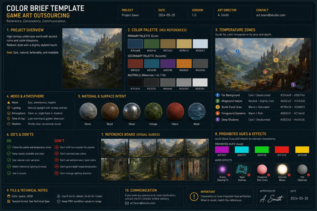 Color Brief Template Alt: Color brief template for game art outsourcing with hex palette and temperature zones