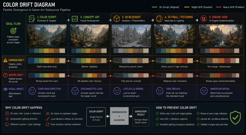 Color Drift Diagram Alt: Color drift diagram showing palette divergence in game art outsource pipeline