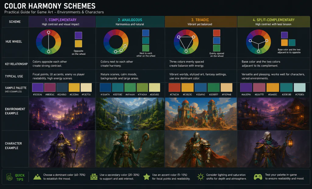 Color Harmony Schemes Alt: Color harmony schemes comparison table for game art environment and character design