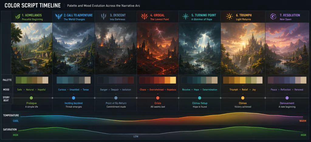Color Script Timeline Alt: Color script timeline showing palette and mood transitions across game narrative arc