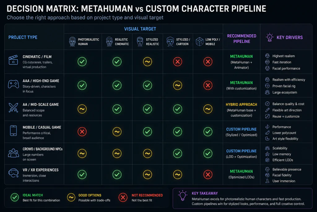 Decision Matrix Alt: Decision matrix for choosing between MetaHuman and custom character pipeline by project type and visual target