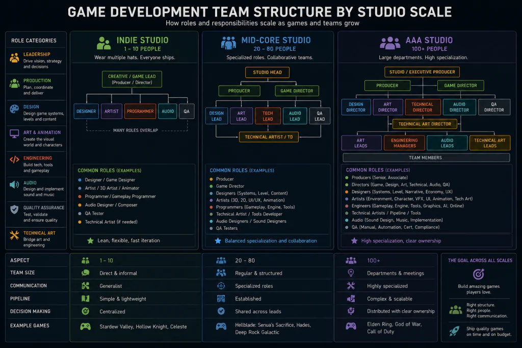Game development team structure by studio scale — indie, mid-core, and AAA role breakdown