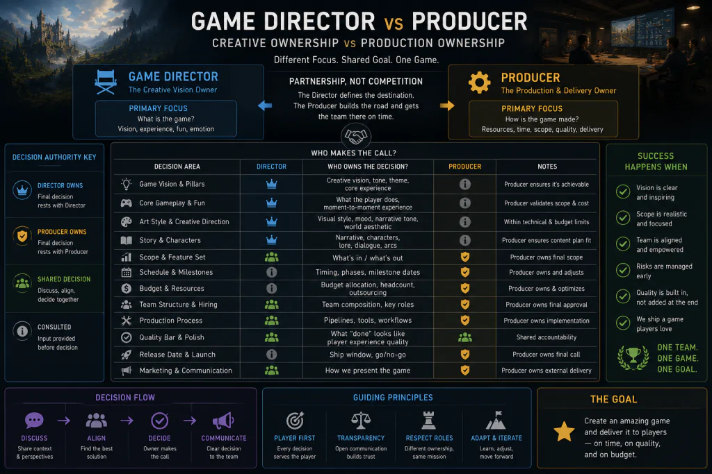 Game director vs producer decision authority chart — creative ownership versus production ownership
