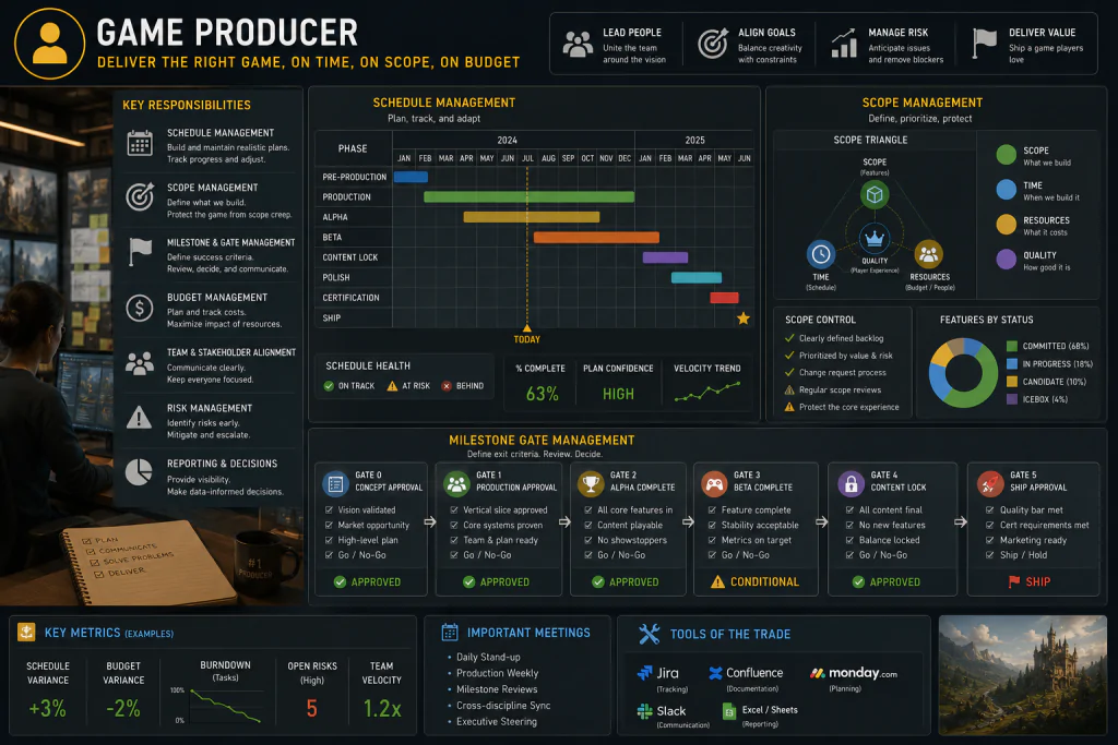 Game producer responsibilities — schedule, scope, and milestone gate management in game development