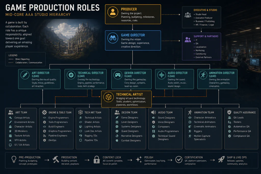 Game production roles diagram — producer, director, lead, and technical artist in a mid-core AAA studio hierarchy