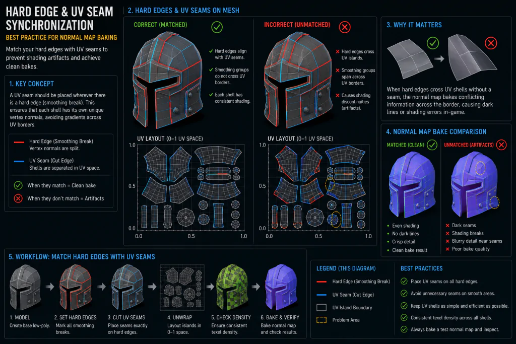 Diagram showing hard edge and UV seam synchronization on a low-poly game mesh demonstrating best practices for normal map baking