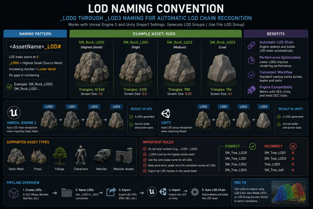 LOD naming convention diagram — _LOD0 through _LOD3 naming for automatic UE5 and Unity LOD chain recognition
