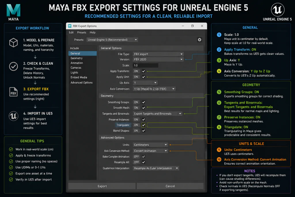 Maya FBX export settings for Unreal Engine 5 — smoothing groups, tangents, scale, and axis options