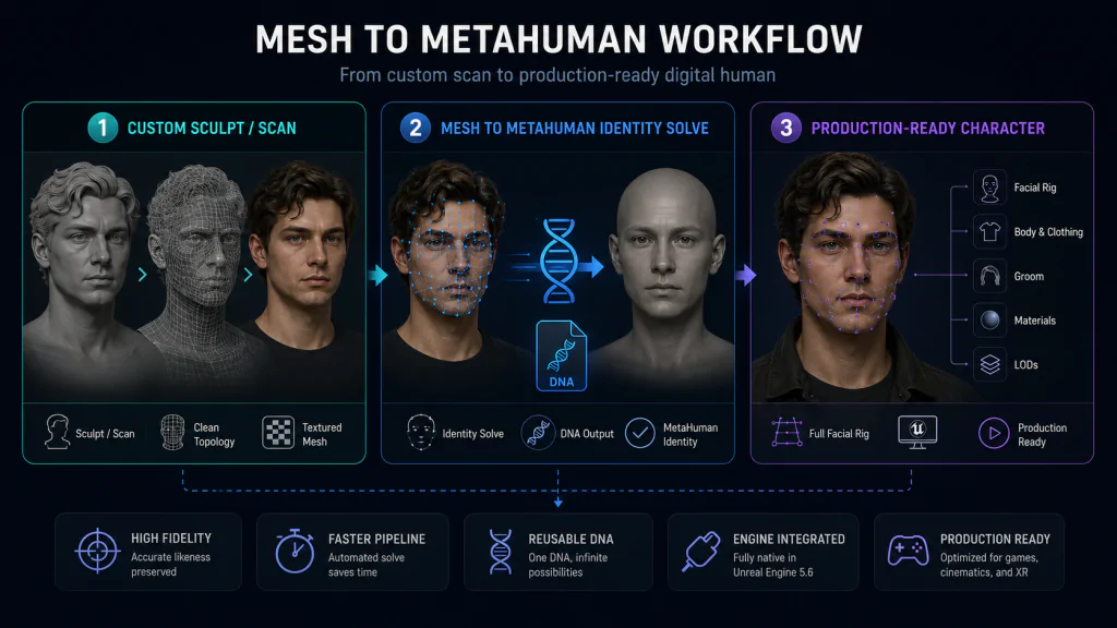Image 3 — Mesh to MetaHuman Workflow Diagram Alt: Mesh to MetaHuman workflow diagram showing scan to DNA solve to production-ready character pipeline