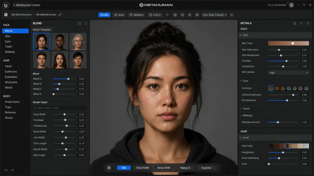 Image 2 — MetaHuman Creator Interface Alt: MetaHuman Creator interface in Unreal Engine 5.6 showing facial blending and customization controls