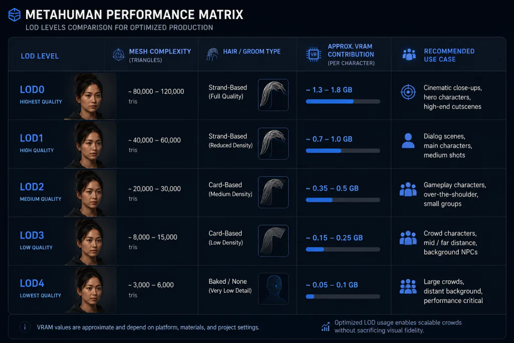 Performance Matrix Table Alt: MetaHuman performance comparison table showing LOD levels groom VRAM and crowd scaling data