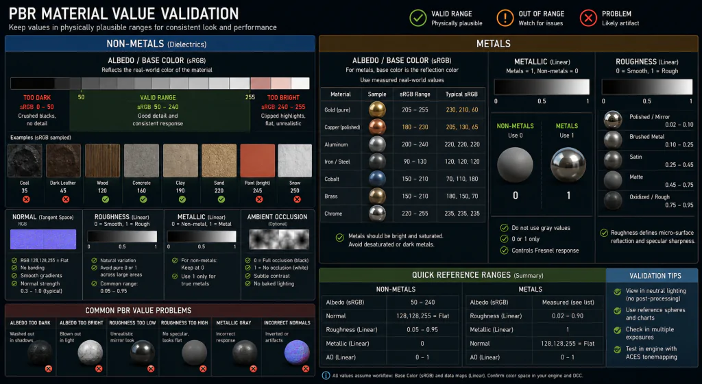PBR Material Value Validation Alt: PBR material value validation chart for non-metals and metallic surfaces in game art production