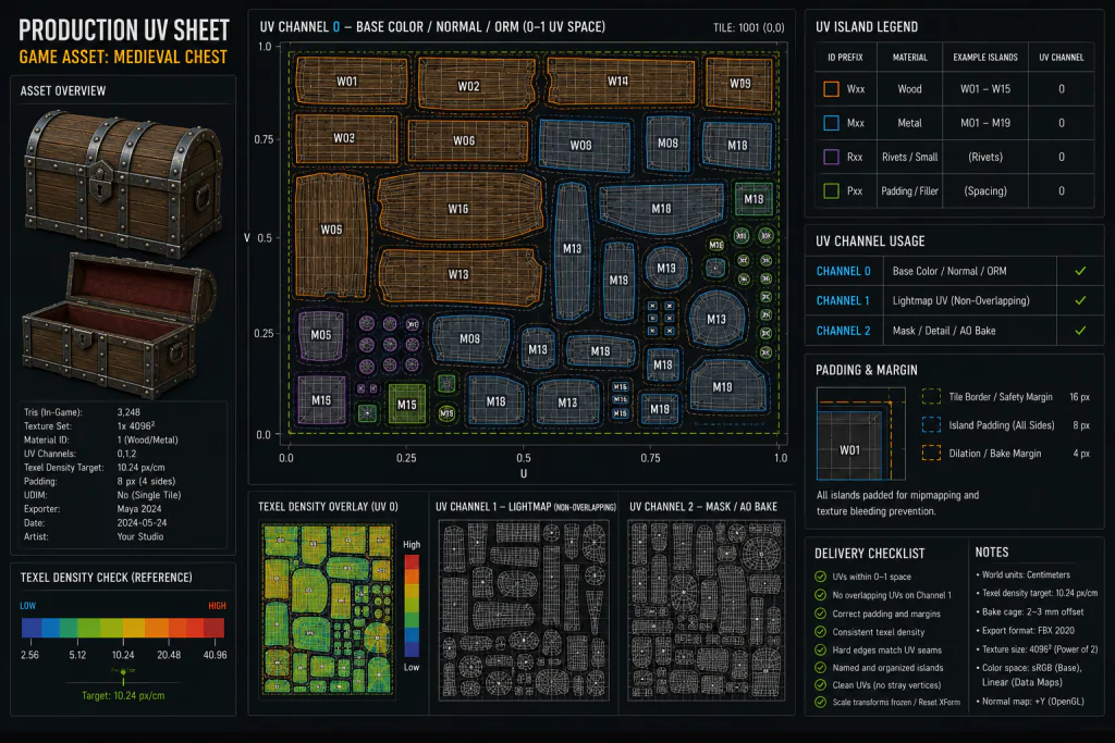 Production-ready UV layout sheet for a game asset showing labeled UV islands, texel density notation, padding and UV channel assignment