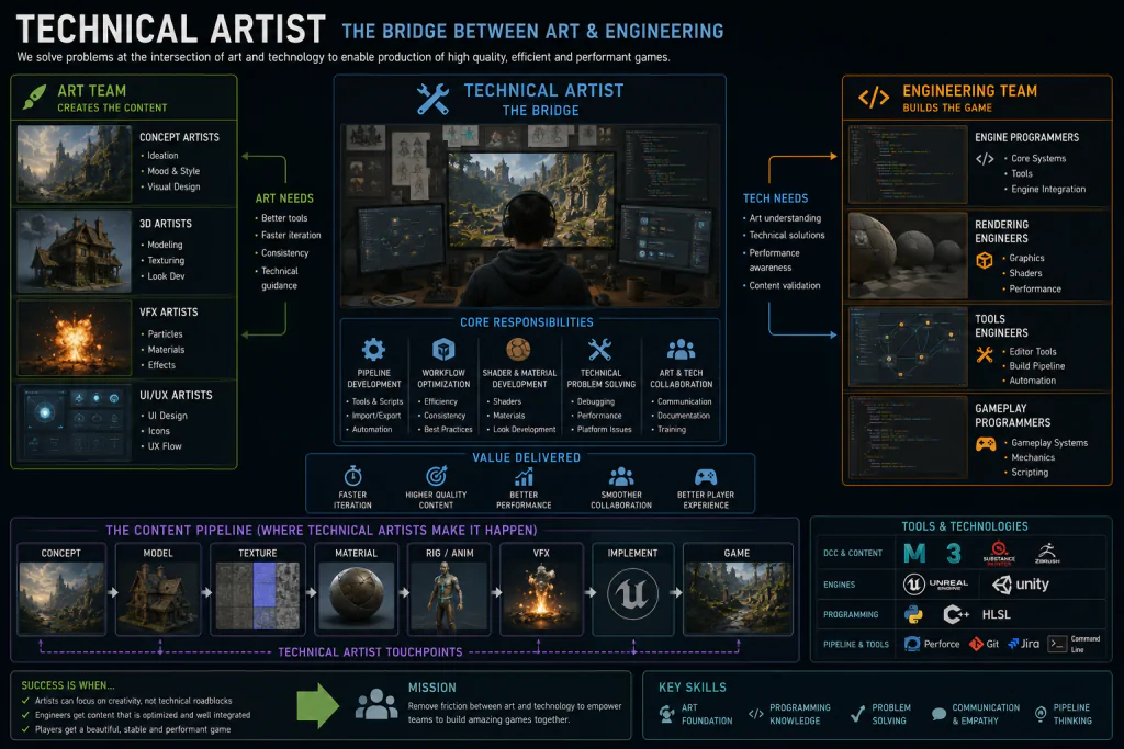Technical artist role in game development — bridging art pipeline and engineering teams
