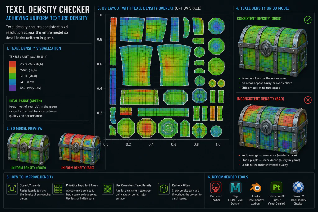 Texel density checker visualization showing uniform and non-uniform texture pixel density across a 3D game asset UV layout