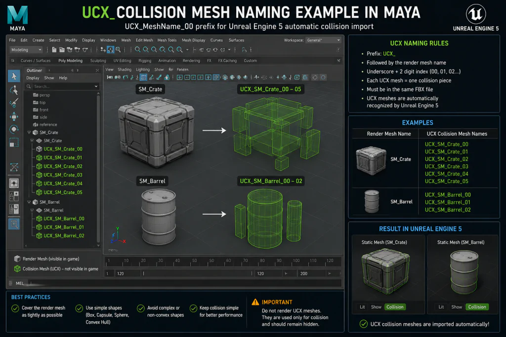 UCX collision mesh naming example in Maya — UCX_MeshName_00 prefix for Unreal Engine 5 automatic collision import