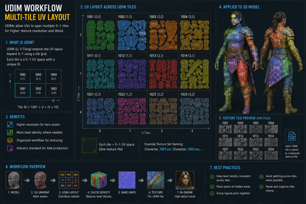 UDIM tile layout showing UV islands distributed across multiple numbered texture tiles for a high-detail AAA game character asset