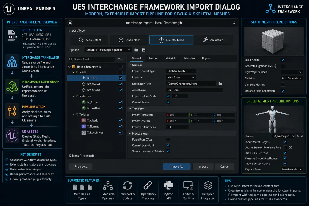 UE5 Interchange Framework import dialog — static mesh and skeletal mesh pipeline options
