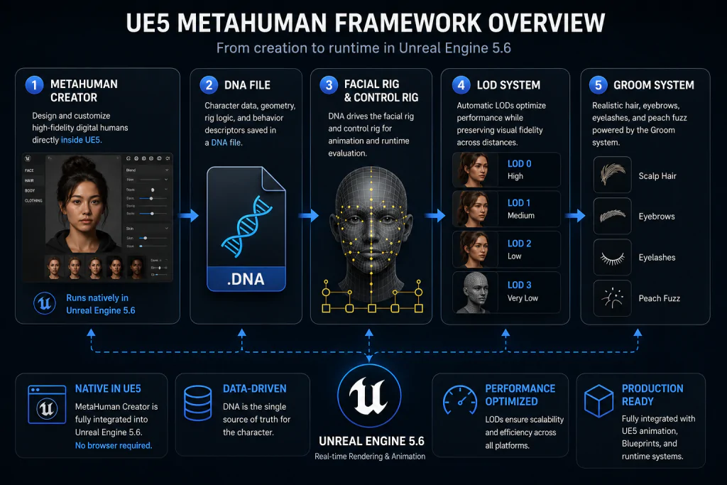 Framework Overview Alt: UE5 MetaHuman framework overview showing Creator, DNA file, facial rig, and LOD system components