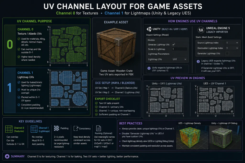 UV channel layout for game assets — channel 0 for textures, channel 1 for lightmap UVs in Unity and legacy UE5