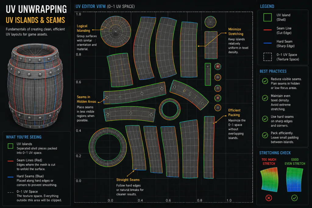 Annotated diagram of UV islands and seam placement within the 0-1 UV space showing the fundamentals of UV unwrapping for game assets