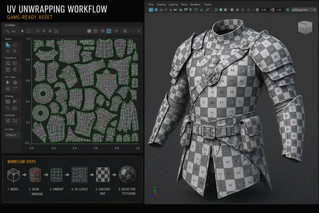 UV unwrapping workflow showing UV islands laid out in the 0-1 UV space with checkermap texture applied to a game-ready 3D asset
