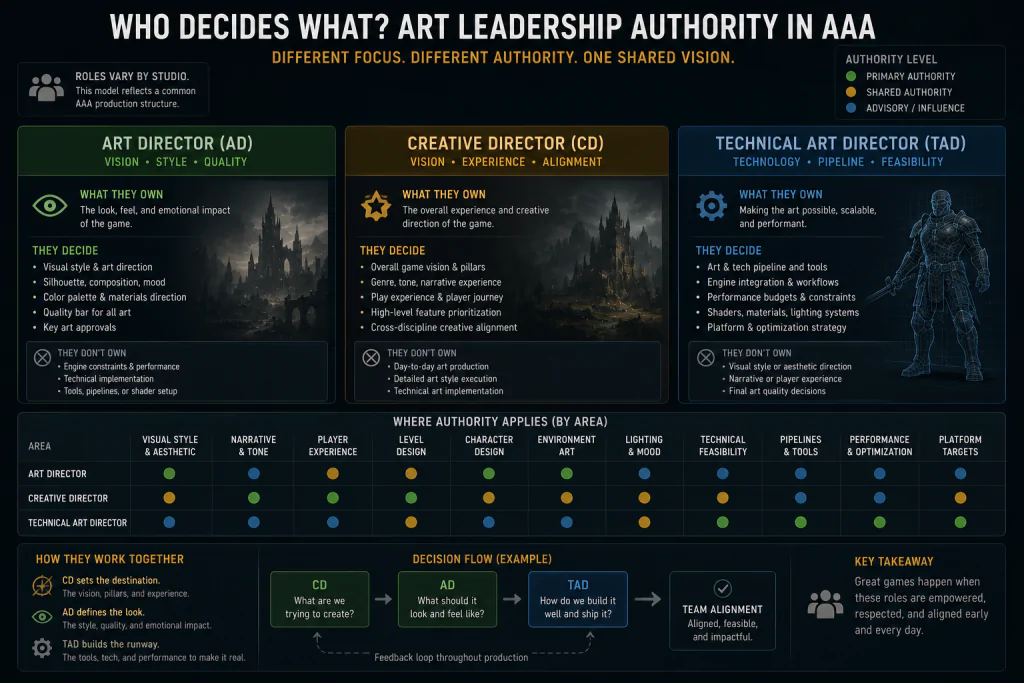 Diagram showing how art director, creative director, and technical art director authority differ on an AAA team