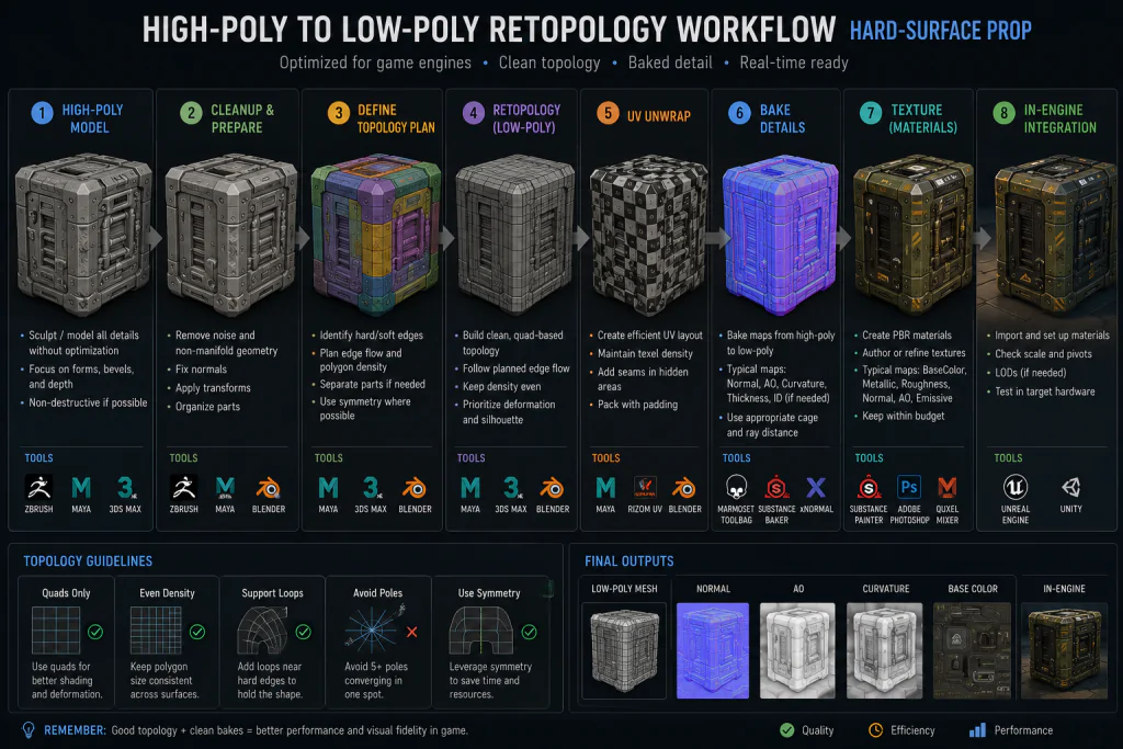 High-poly to low-poly retopology workflow for a hard-surface game prop