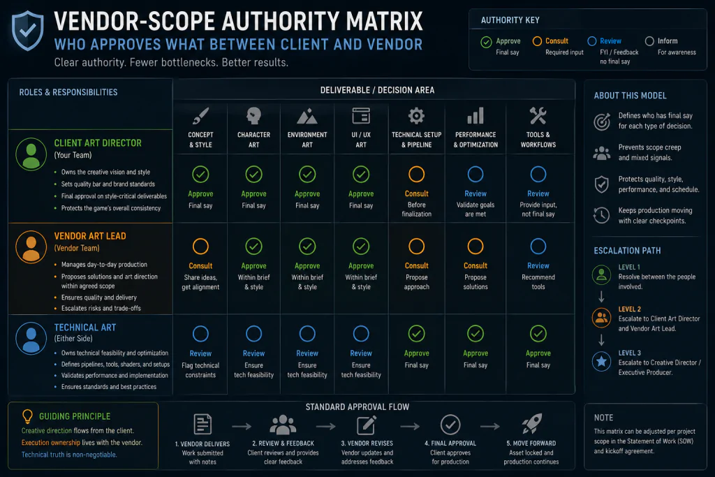 Vendor-scope authority matrix showing approval roles between client art director, vendor art lead, and technical art
