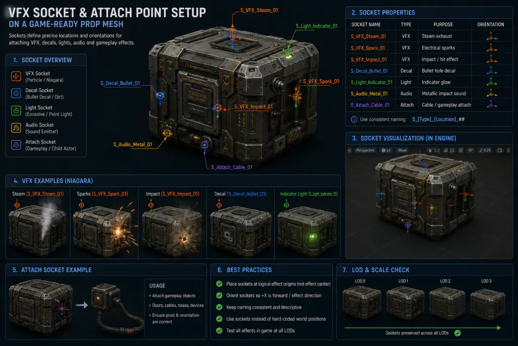VFX socket and attach point setup on a game-ready prop mesh