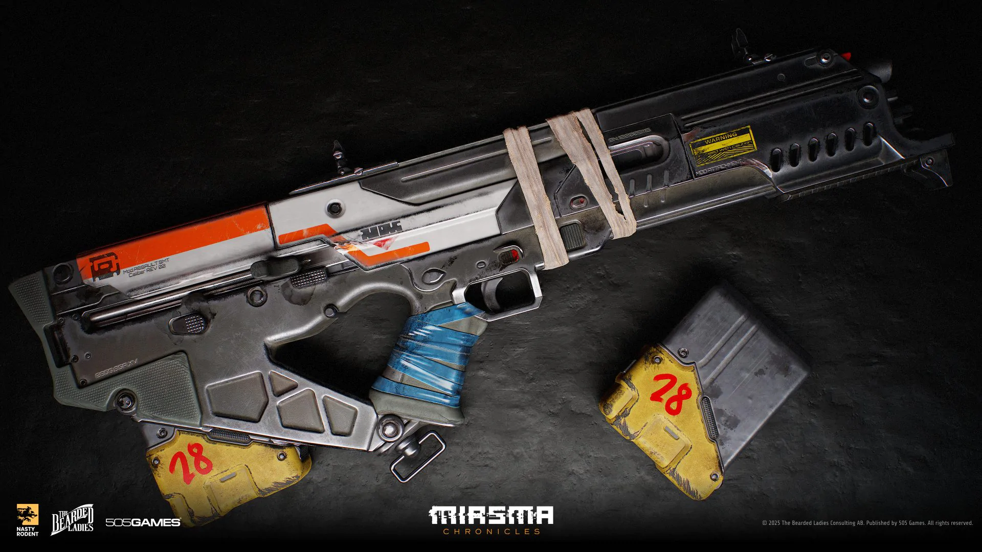 Miasma Chronicles heavy sci-fi weapon with taped magazines – 3D weapon art by Nasty Rodent