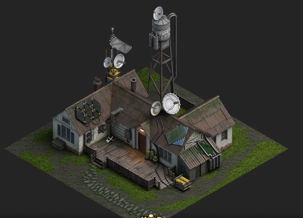 Isometric farm buildings with antennas and a water tower from Wild Rage – 3D environment assets by Nasty Rodent