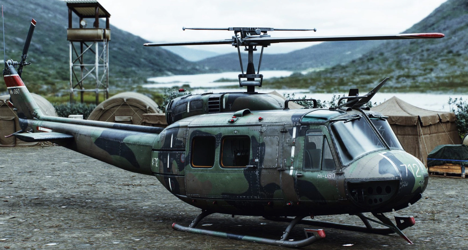 Camouflaged Huey helicopter on a military airfield – 3D vehicle art from Squad by Nasty Rodent